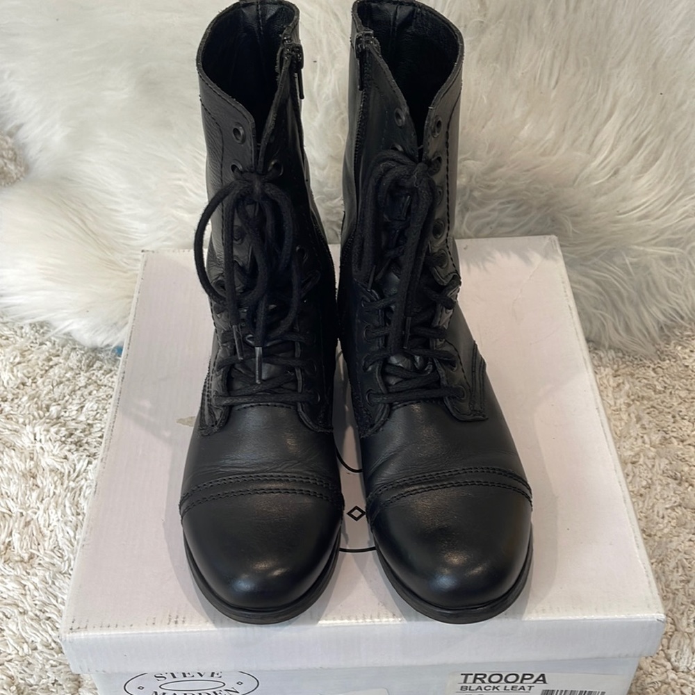 Steve Madden Troopa Combat Boots! Ankle Booties! Woman US 7.5 Black Leather!